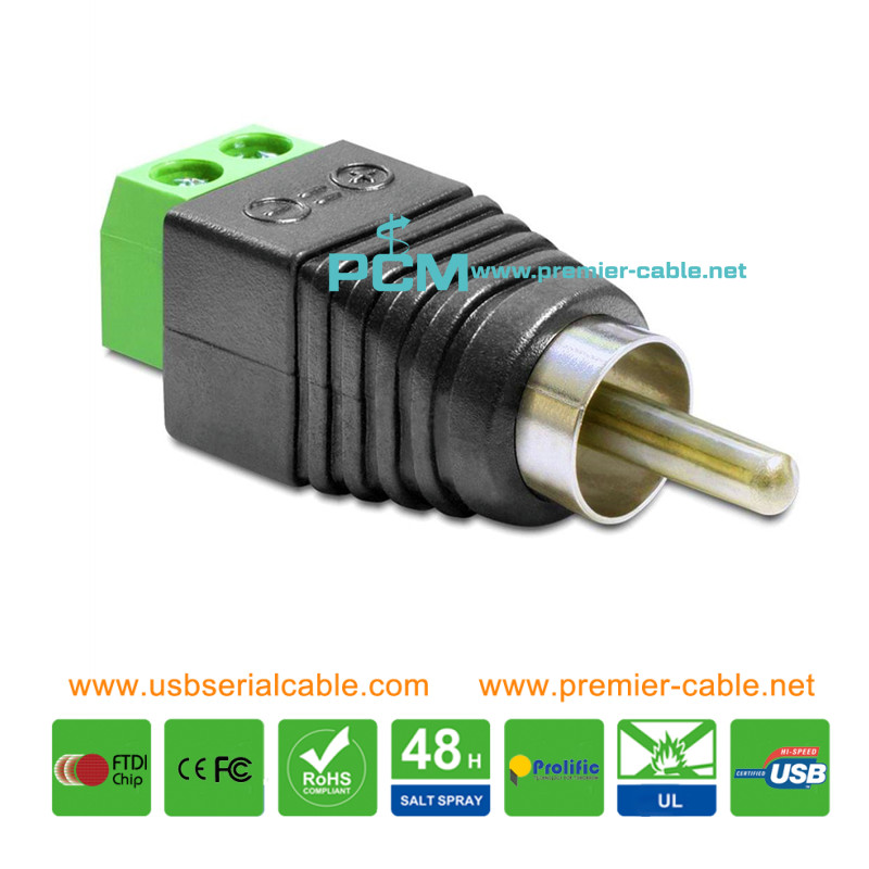 RCA Male to 2 Pin Terminal Block Connector