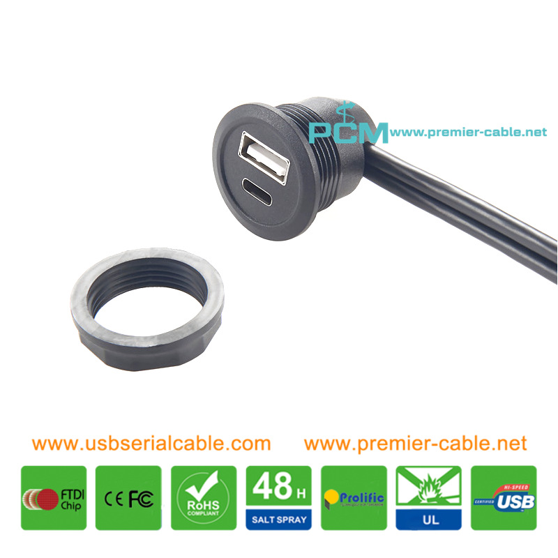 Dual Har-Port USB-C USB-A 90 Degree Left Angle Round Panel Mount Spliter Extension Cable