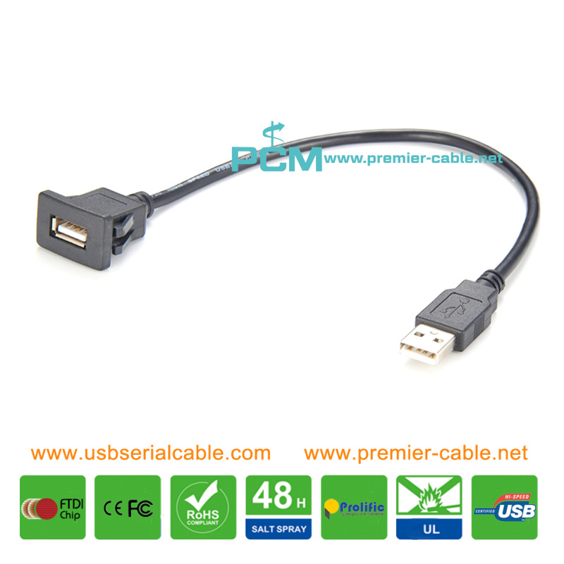 USB2.0 Type A Socket Snap in Panel Mount Cable