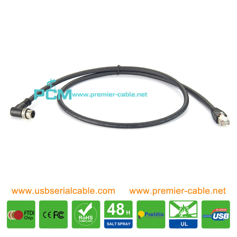 Angle M12 D-Coded 4 Pin to RJ45 Cat6a IP67 Industrial Cable